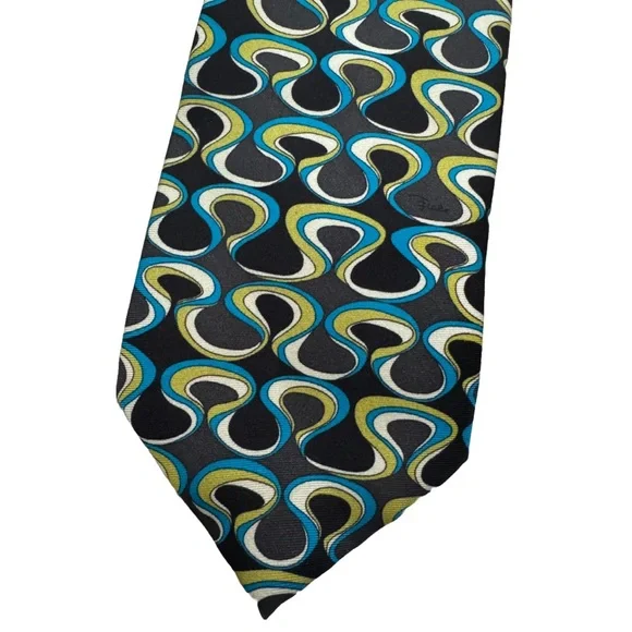 Emilio Pucci Black and Blue Geometric Silk Tie - Picture 3 of 5